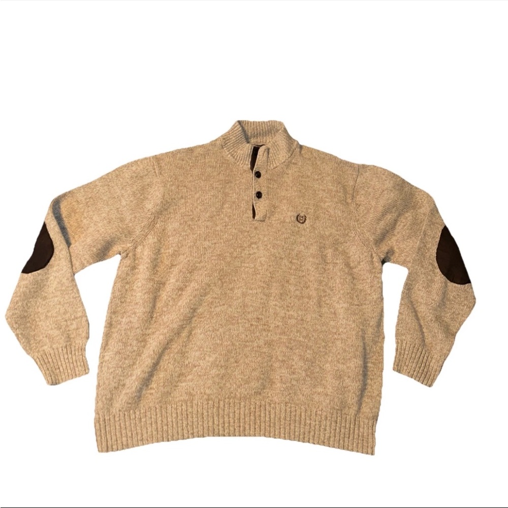 Chaps Mens 2XLT Brown Button Mock Neck Knit Sweater Elbow Patch Classic Grandpa